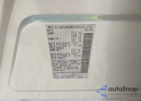 2019 Nissan Pathfinder Sl z USA, uszkodzony, nr VIN 5N1DR2MN6KC638954